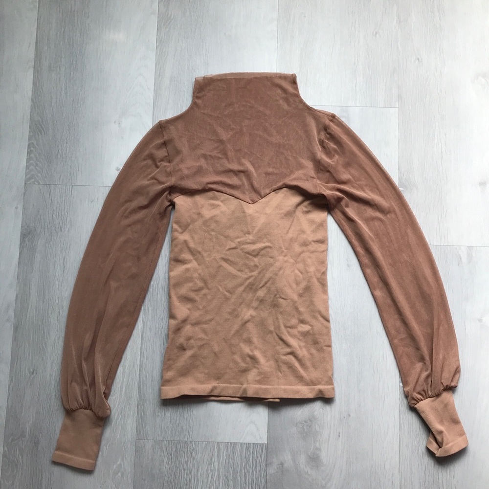 FREE PEOPLE BROWN SHEER LONG SLEEVE FUNNEL NECK BLOUSE WOMENS LARGE